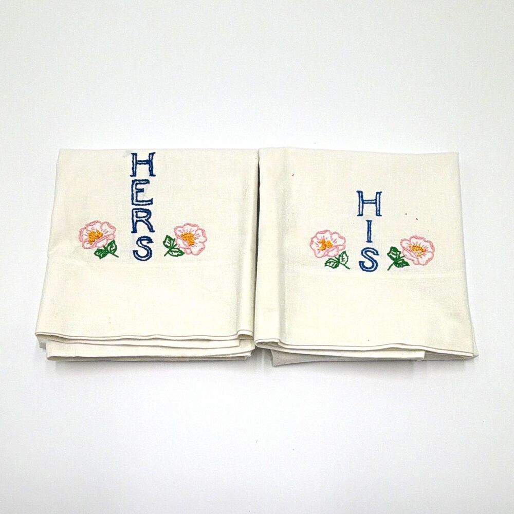 Embroidered His & Hers Floral Pillowcases Set of 2, Standard, White
